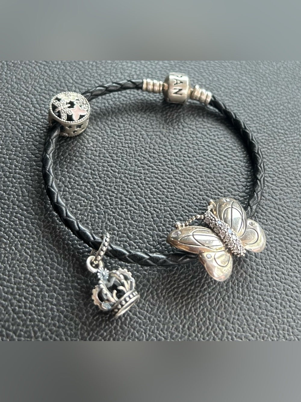 Pandora Black Braided Leather Bracelet with Silver Butterfly & Crown Charms